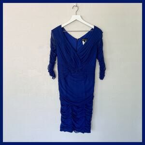 Tadashi Shoji Navy Blue Ruched Dress with Sheer Sleeves Small